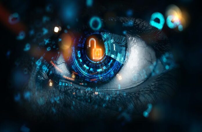 Abstract,High,Tech,Eye,Concept blue eye with yellow lock and digital symbols