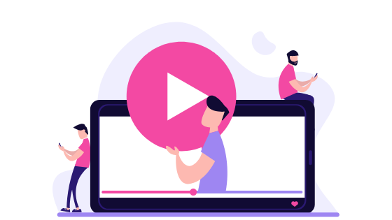 illustration of mobile screen with three figures using phone or carrying play arrow