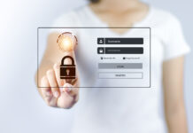 Depiction of two-factor authentication requiring a username and password along with a biometric fingerprint scan.