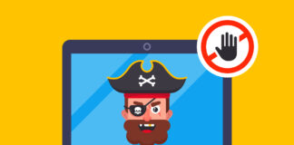 Illustration of a pirate on a laptop screen depicting digital piracy